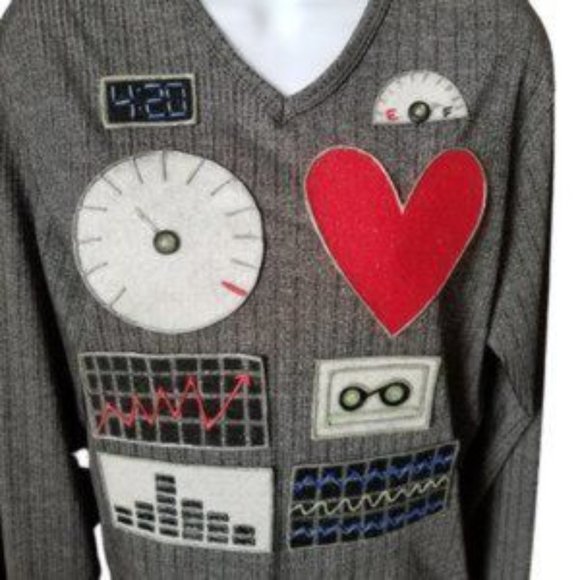 YMLA Ribbed Tunic Top Vintage Embellished V Neck Long Sleeve Gray Black Small - Picture 4 of 8